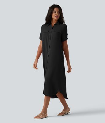 Hemdkleid in Leinenoptik mit Brusttaschen, kurzen Ärmeln und Gürtel