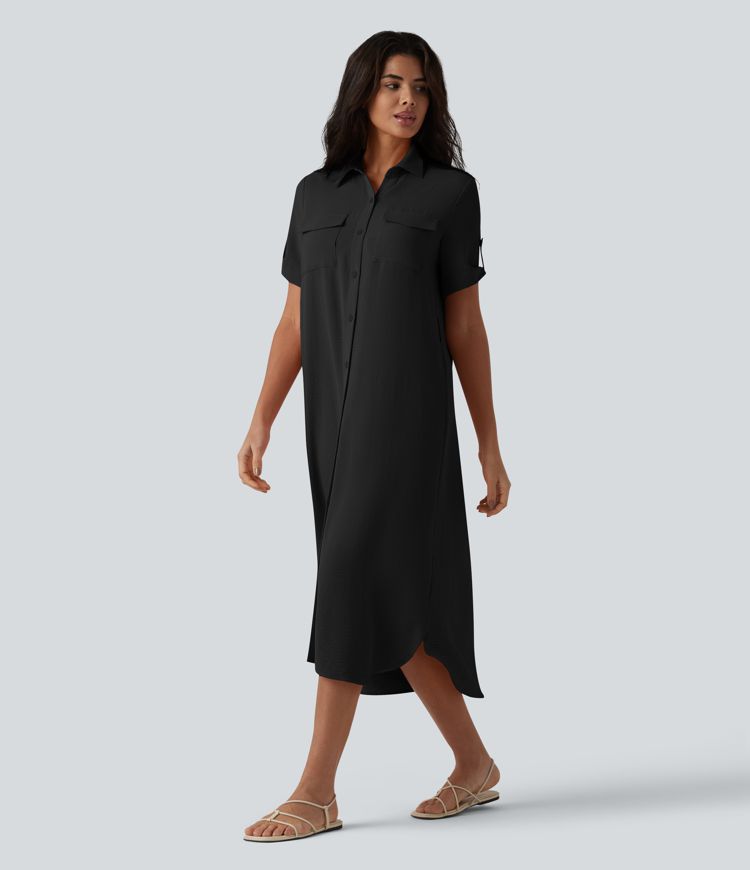 Hemdkleid in Leinenoptik mit Brusttaschen, kurzen Ärmeln und Gürtel