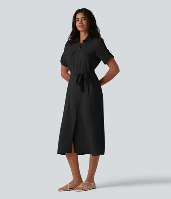 Hemdkleid in Leinenoptik mit Brusttaschen, kurzen Ärmeln und Gürtel