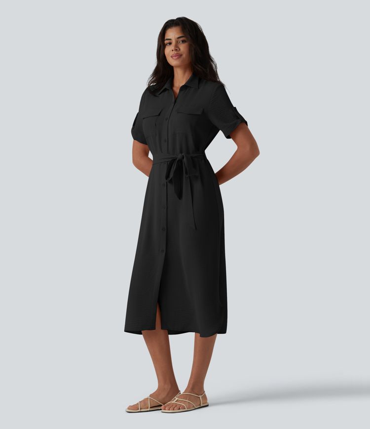 Hemdkleid in Leinenoptik mit Brusttaschen, kurzen Ärmeln und Gürtel