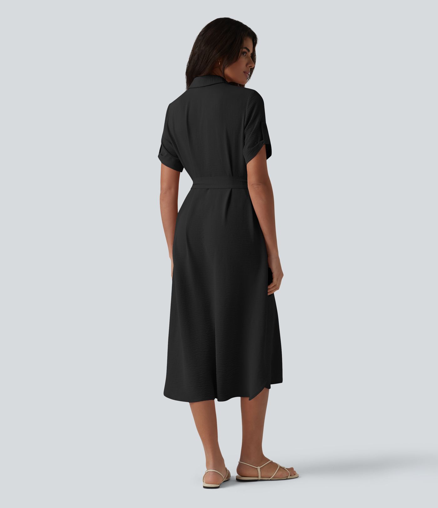 Hemdkleid in Leinenoptik mit Brusttaschen, kurzen Ärmeln und Gürtel
