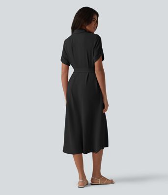 Hemdkleid in Leinenoptik mit Brusttaschen, kurzen Ärmeln und Gürtel