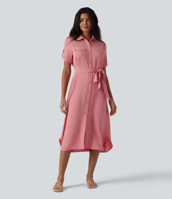 Hemdkleid in Leinenoptik mit Brusttaschen, kurzen Ärmeln und Gürtel