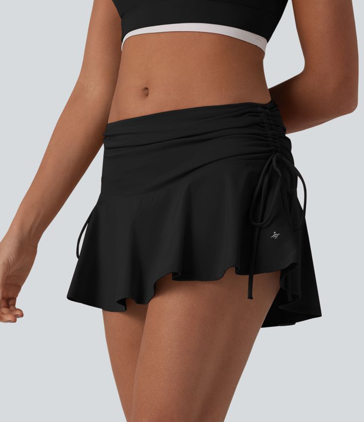 SoftlyZero™ Airy Low Rise Ruched Drawstring 2-in-1 Cool Touch Micro Mini Tennis Skirt with Pockets
