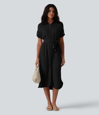 Hemdkleid in Leinenoptik mit Brusttaschen, kurzen Ärmeln und Gürtel