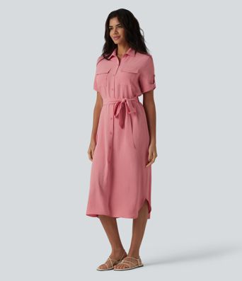 Hemdkleid in Leinenoptik mit Brusttaschen, kurzen Ärmeln und Gürtel