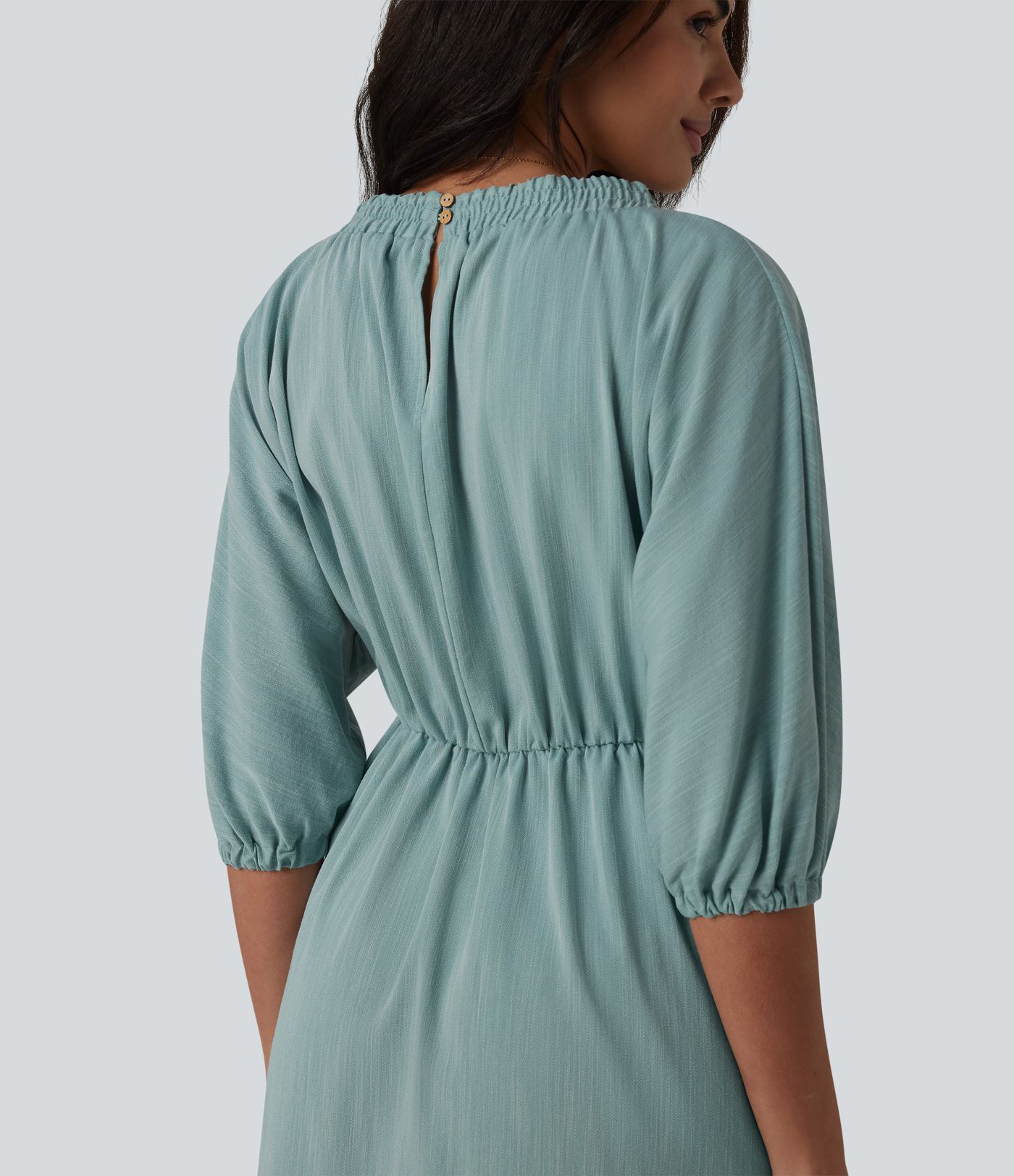 Robe mi-longue décontractée à col en V et manches 3/4, effet lin, avec poches.