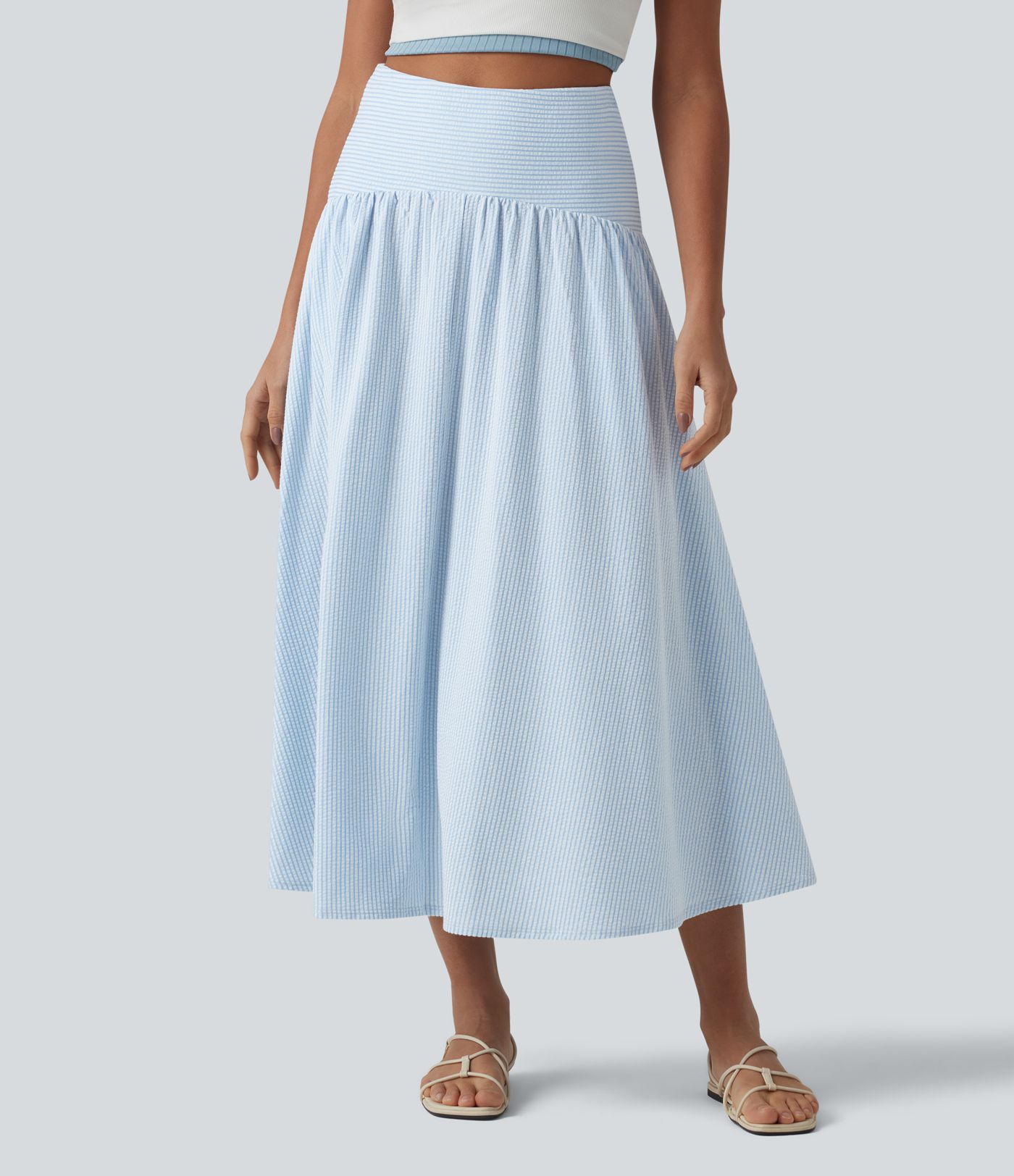 Jupe fluide midi casual taille haute à rayures en coton froissé, avec poches