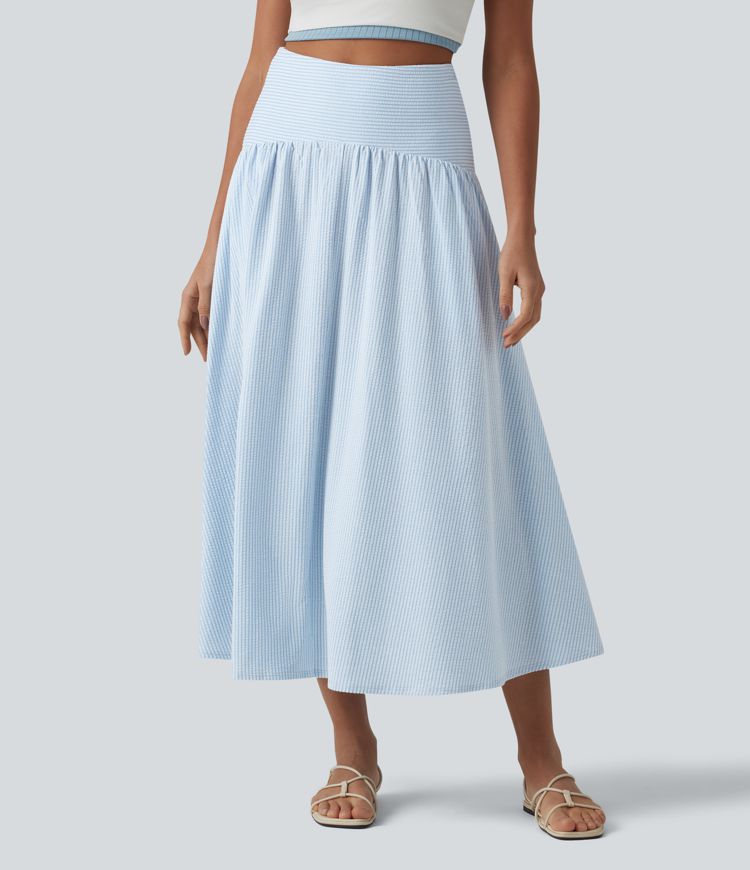 Jupe fluide midi casual taille haute à rayures en coton froissé, avec poches