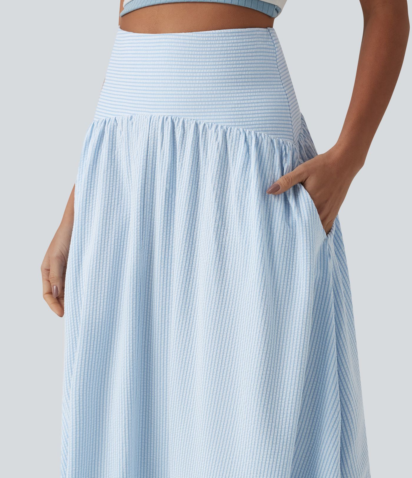 Jupe fluide midi casual taille haute à rayures en coton froissé, avec poches