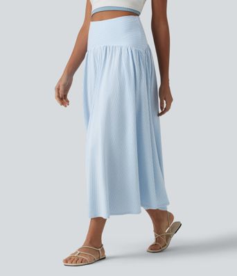 Jupe fluide midi casual taille haute à rayures en coton froissé, avec poches