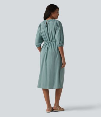 Robe mi-longue décontractée à col en V et manches 3/4, effet lin, avec poches.