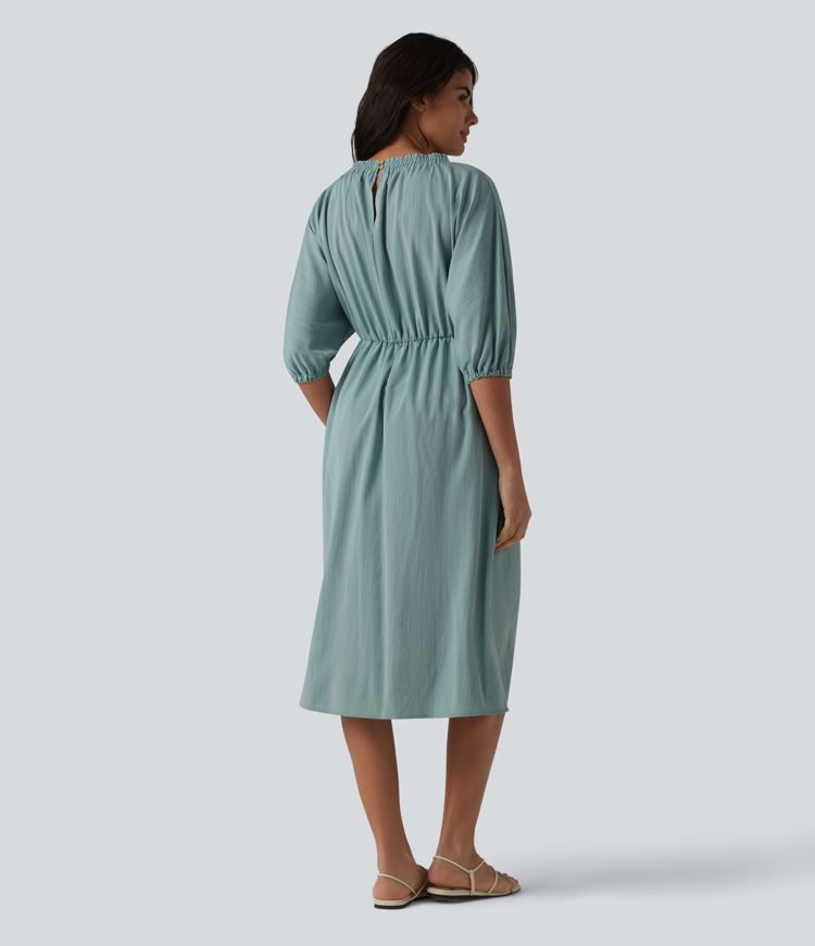 Robe mi-longue décontractée à col en V et manches 3/4, effet lin, avec poches.