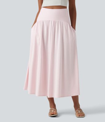High Waisted Midi Stripes Crinkle Cotton Casual Flowy Skirt with Pockets