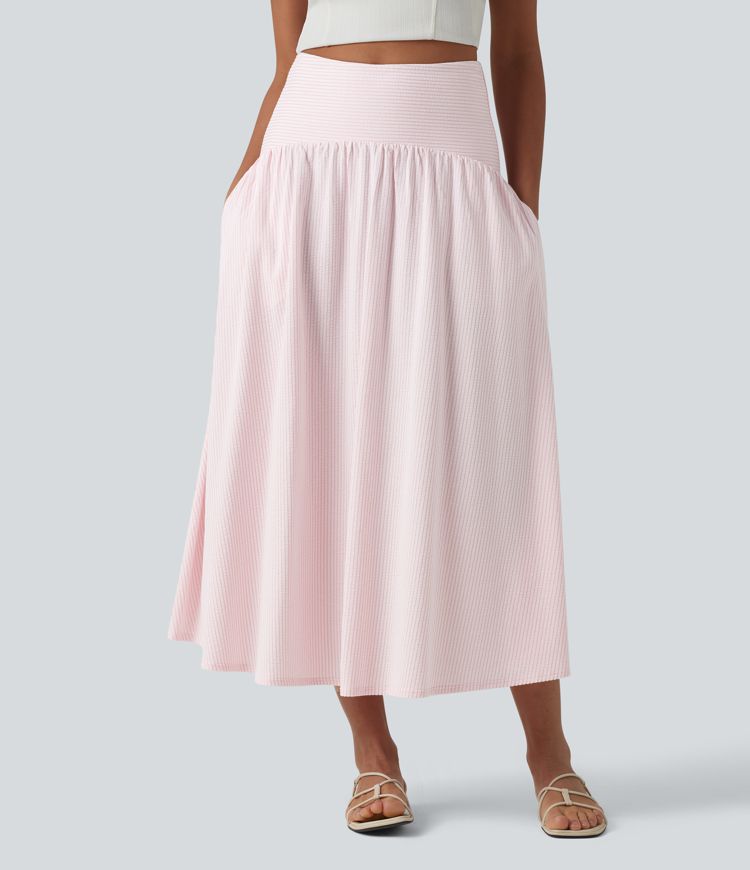 High Waisted Midi Stripes Crinkle Cotton Casual Flowy Skirt with Pockets