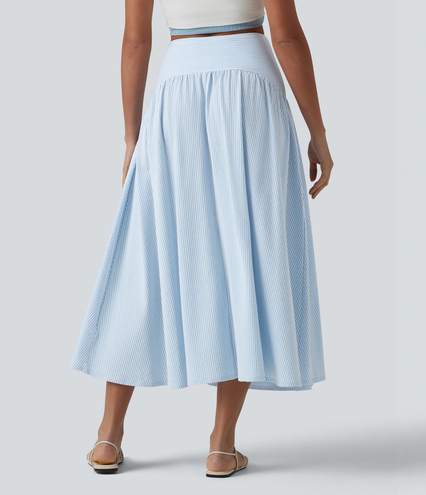 Jupe fluide midi casual taille haute à rayures en coton froissé, avec poches