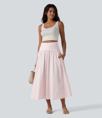 High Waisted Midi Stripes Crinkle Cotton Casual Flowy Skirt with Pockets