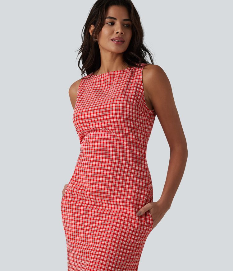 Boat Neck Sleeveless Gingham Mini Casual Dress with Pockets