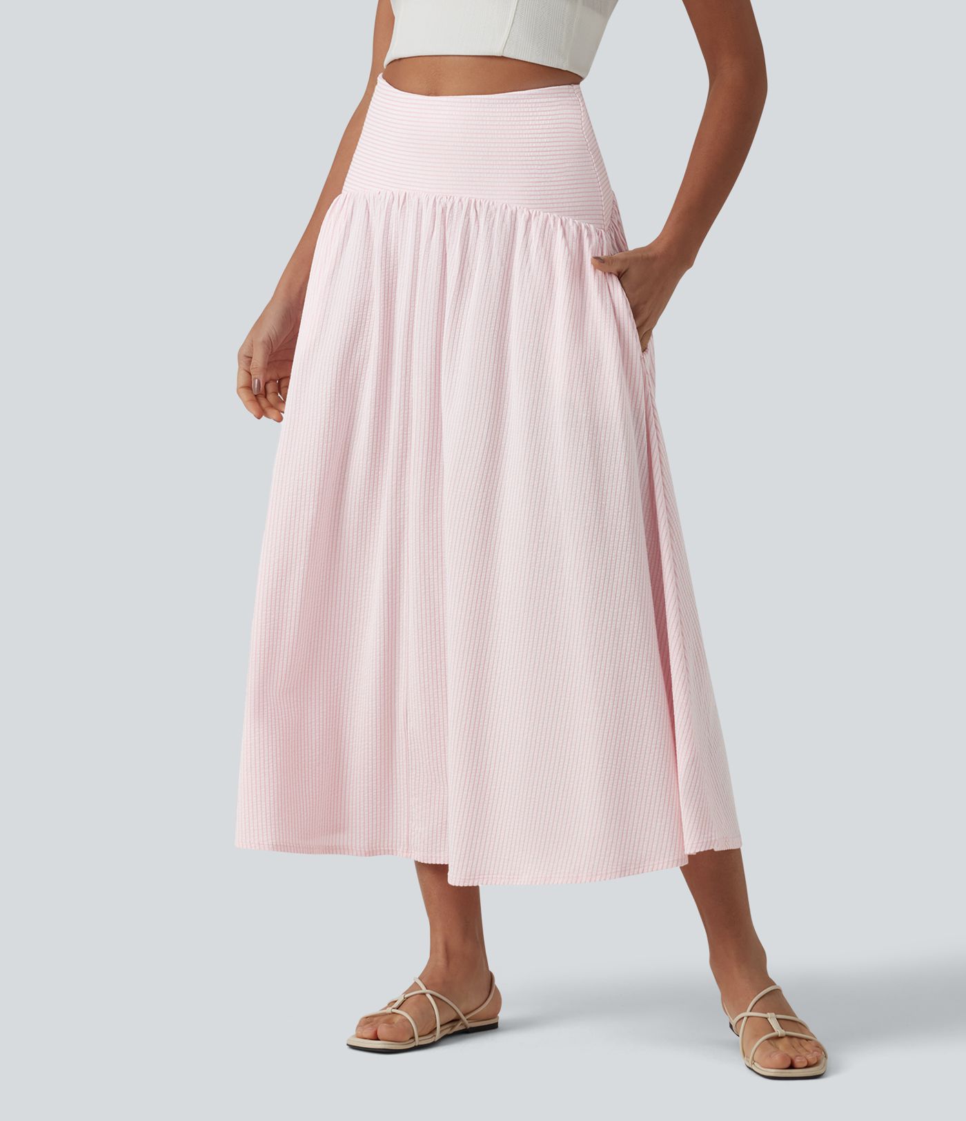 High Waisted Midi Stripes Crinkle Cotton Casual Flowy Skirt with Pockets