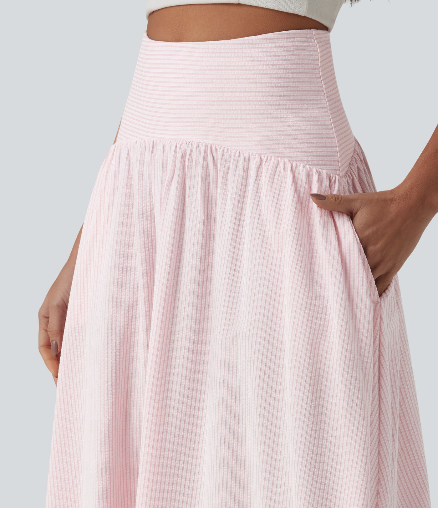 High Waisted Midi Stripes Crinkle Cotton Casual Flowy Skirt with Pockets