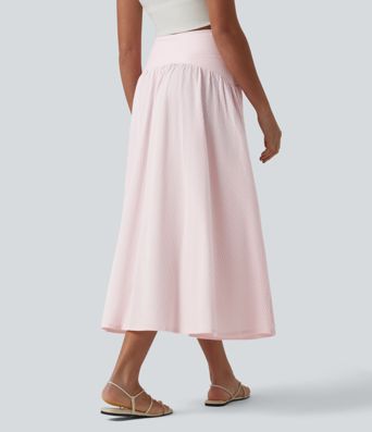 High Waisted Midi Stripes Crinkle Cotton Casual Flowy Skirt with Pockets