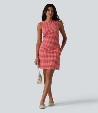 Boat Neck Sleeveless Gingham Mini Casual Dress with Pockets