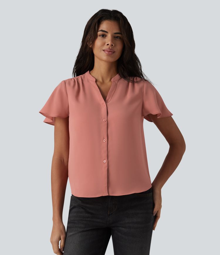 Casual blouse with a V-neck, flounced sleeves and a rounded hem.