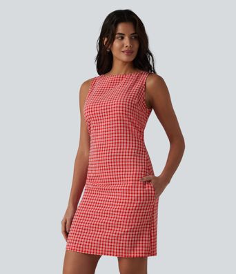 Boat Neck Sleeveless Gingham Mini Casual Dress with Pockets