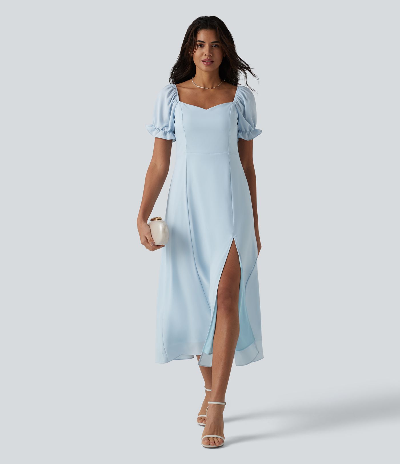 Chiffon-Midikleid mit Queen-Anne-Ausschnitt, Puffärmeln und Schlitz für Brautjungfern- und Hochzeitsgäste