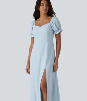Chiffon-Midikleid mit Queen-Anne-Ausschnitt, Puffärmeln und Schlitz für Brautjungfern- und Hochzeitsgäste