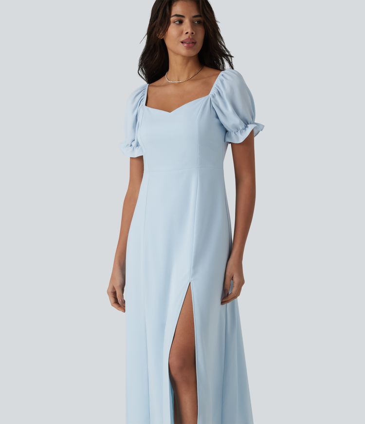 Chiffon-Midikleid mit Queen-Anne-Ausschnitt, Puffärmeln und Schlitz für Brautjungfern- und Hochzeitsgäste