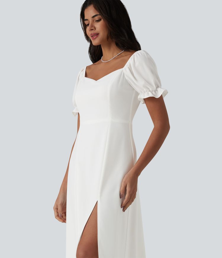 Robe de demoiselle d'honneur et d'invitée de mariage en mousseline fendue col Reine Anne manches bouffantes longueur midi