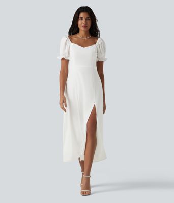 Robe de demoiselle d'honneur et d'invitée de mariage en mousseline fendue col Reine Anne manches bouffantes longueur midi