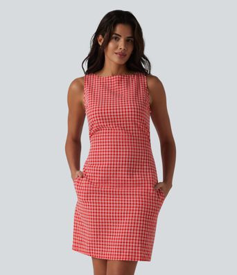 Boat Neck Sleeveless Gingham Mini Casual Dress with Pockets