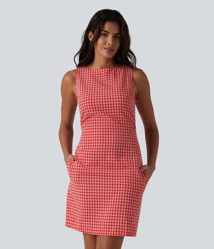 Boat Neck Sleeveless Gingham Mini Casual Dress with Pockets