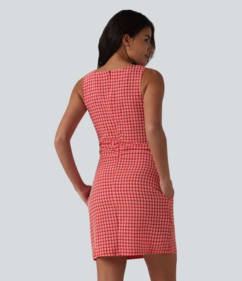Boat Neck Sleeveless Gingham Mini Casual Dress with Pockets