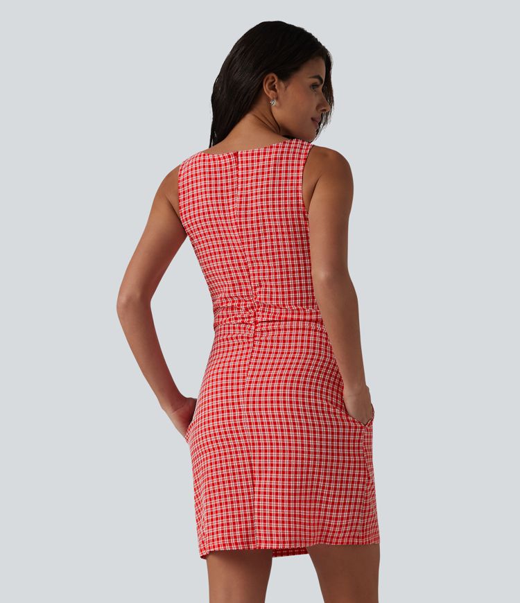 Boat Neck Sleeveless Gingham Mini Casual Dress with Pockets