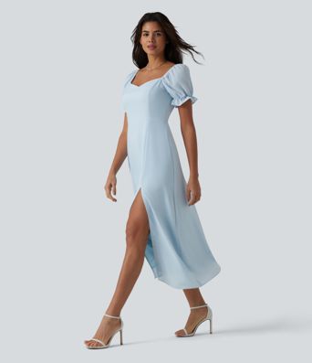 Chiffon-Midikleid mit Queen-Anne-Ausschnitt, Puffärmeln und Schlitz für Brautjungfern- und Hochzeitsgäste