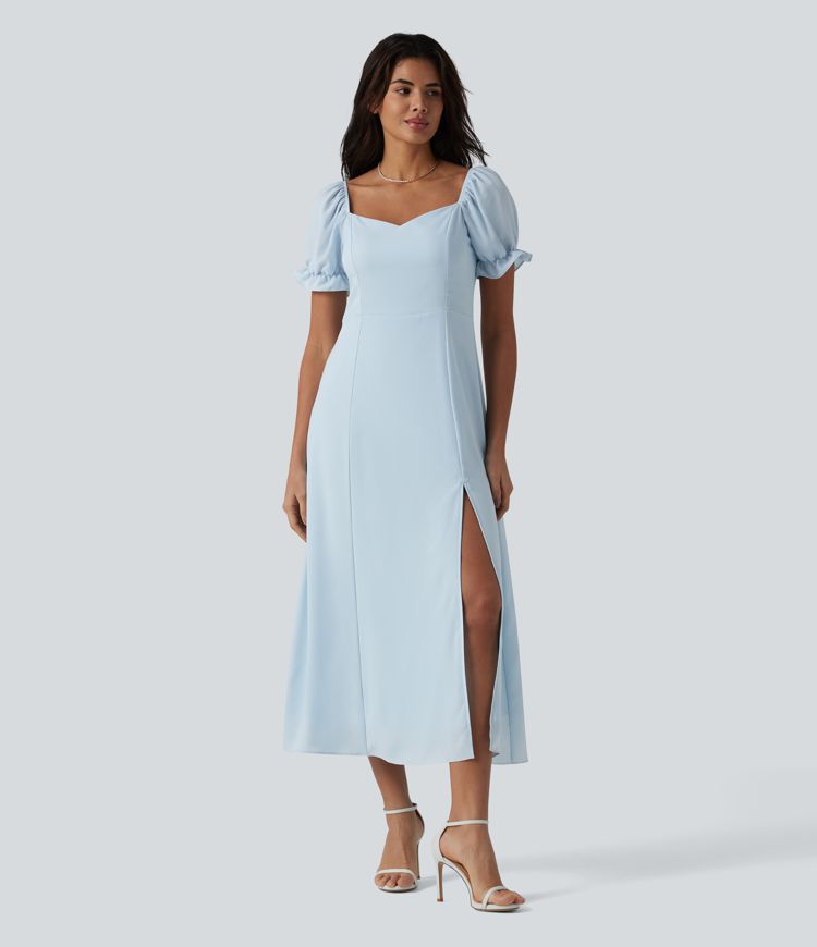 Chiffon-Midikleid mit Queen-Anne-Ausschnitt, Puffärmeln und Schlitz für Brautjungfern- und Hochzeitsgäste