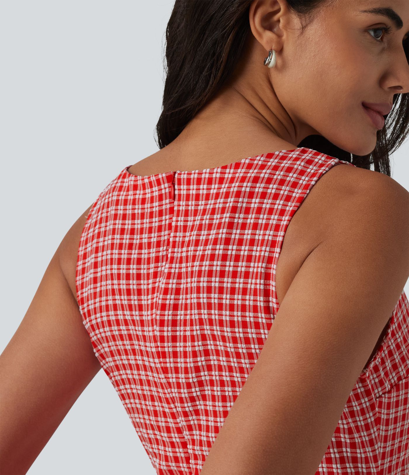 Boat Neck Sleeveless Gingham Mini Casual Dress with Pockets