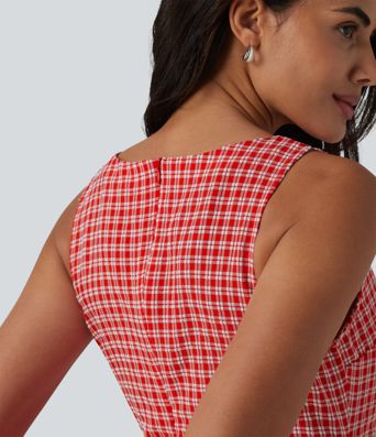 Boat Neck Sleeveless Gingham Mini Casual Dress with Pockets