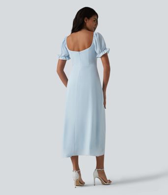 Chiffon-Midikleid mit Queen-Anne-Ausschnitt, Puffärmeln und Schlitz für Brautjungfern- und Hochzeitsgäste