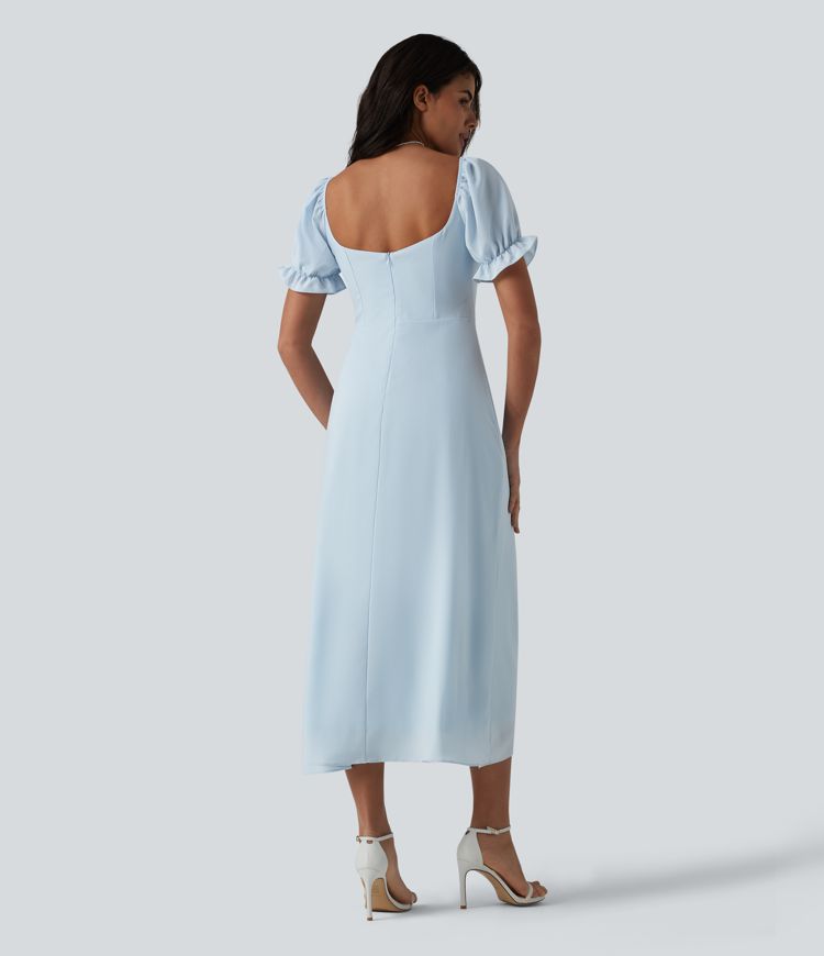 Chiffon-Midikleid mit Queen-Anne-Ausschnitt, Puffärmeln und Schlitz für Brautjungfern- und Hochzeitsgäste