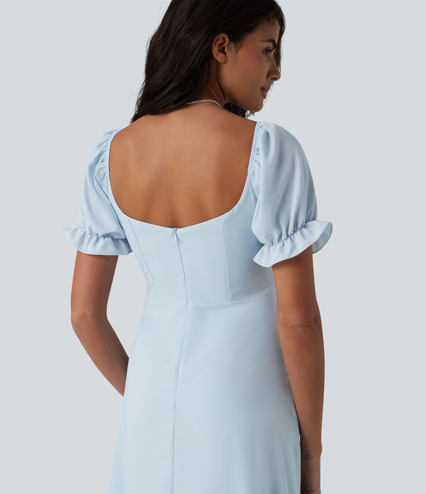 Chiffon-Midikleid mit Queen-Anne-Ausschnitt, Puffärmeln und Schlitz für Brautjungfern- und Hochzeitsgäste
