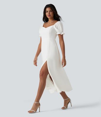 Robe de demoiselle d'honneur et d'invitée de mariage en mousseline fendue col Reine Anne manches bouffantes longueur midi