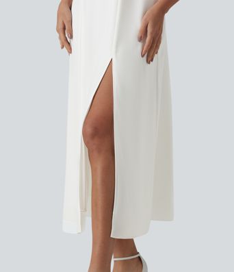 Robe de demoiselle d'honneur et d'invitée de mariage en mousseline fendue col Reine Anne manches bouffantes longueur midi