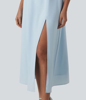 Chiffon-Midikleid mit Queen-Anne-Ausschnitt, Puffärmeln und Schlitz für Brautjungfern- und Hochzeitsgäste