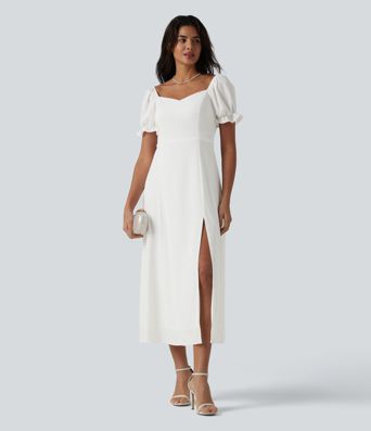 Robe de demoiselle d'honneur et d'invitée de mariage en mousseline fendue col Reine Anne manches bouffantes longueur midi