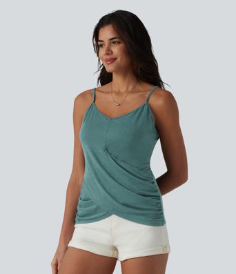Adjustable Straps Ruched Crossover Hem Casual Heathered Tank Top