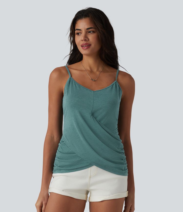 Adjustable Straps Ruched Crossover Hem Casual Heathered Tank Top